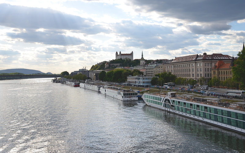 Scenic view of Bratislava, highlighting the Danube River and the Bratislava Castle